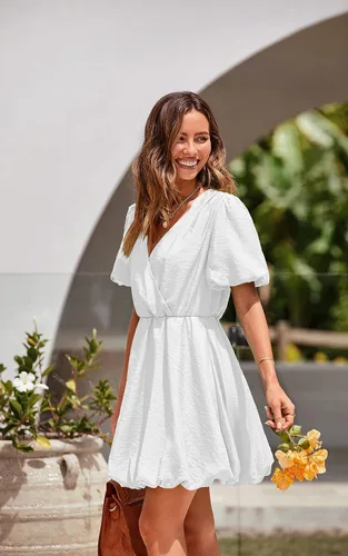 Vista 3 de PRETTYGARDEN Vestido corto de verano para mujer, manga abombada, con volantes, cuello en V, línea A, vestido cruzado