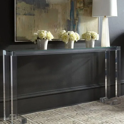 Vista 2 de Mesa decorativa rectangular de acrílico moderna con 1 estante para pasillo, entrada de acrílico moderno, sala de estar, mesa larga de entrada, mesa