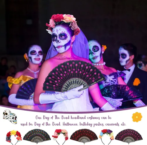 Vista 4 de Crowye 6 unidades de abanico de mano plegables del Día de los Muertos con diseño floral mexicano con corona de rosas mexicanas, tocado de tela