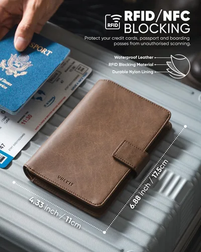 Vista 3 de VULKIT Cartera de pasaporte compatible con Airtag Holder Bifold Travel Card Holder, Espresso, Moda