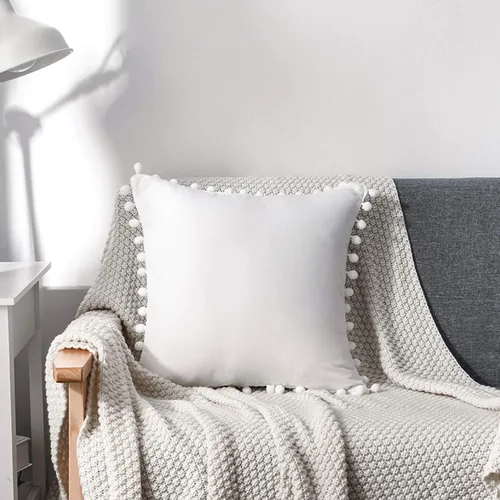 Vista 3 de Juego de 2 fundas de almohada decorativas con bonito pompones, funda de cojín cuadrada suave para decoración del hogar para sofá, cama