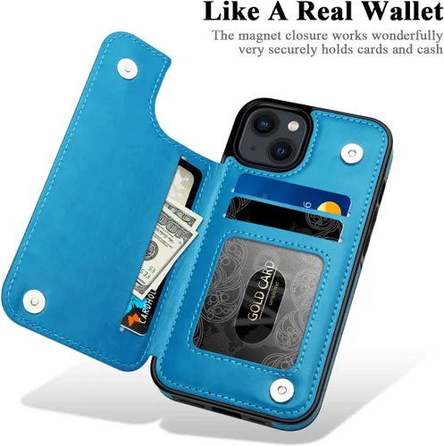 Vista 2 de MMHUO para iPhone 14 Funda con Tarjetero, Funda Flip Magnética con Flores en la Parte Posterior para Cartera de iPhone 14 para Mujeres, Funda Azul