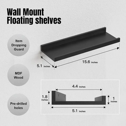 Vista 3 de RICHER HOUSE Juego de 3 estantes flotantes para pared, estantes negros de 16 pulgadas para montar en la pared con borde para almacenamiento, estante