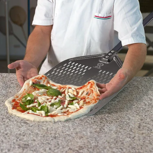 Vista 3 de Pela de torneado de pizza de 9 pulgadas, cepillo perforado para pizza, rastrillo de cenizas, 4 piezas, horno de pizza comercial de leña, kit