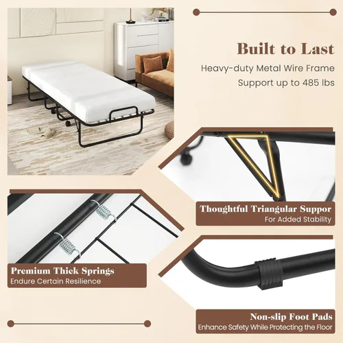 Vista 6 de DORTALA Cama plegable de metal plegable, cuna de colchón de espuma viscoelástica con marco de metal súper resistente y resistente, cama de invitados