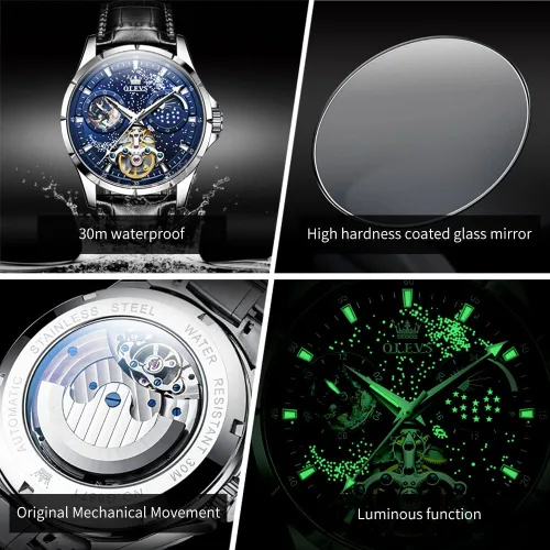 Vista 5 de OLEVS Reloj para hombre, esfera de cielo estrellado, Universo de Vía Láctea, cuerda automática, correa de cuero azul, vestido de moda, impermeable