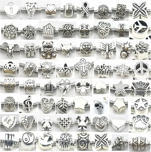 Vista 2 de 55 piezas surtidas de cuentas con agujeros grandes de aleación europea, cuentas con separadores metálicos para manualidades, pulseras, collares
