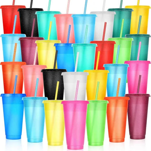 Vista 20 de Honeydak Paquete de 60 vasos con popote y tapa, vasos a granel para regalos, tazas de café de plástico con purpurina de 24 a 27 onzas, botella