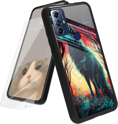 Vista 169 de Funda para Motorola Moto G Play 4G 2024 con protector de pantalla, parte trasera de vidrio templado + funda de silicona suave TPU absorción