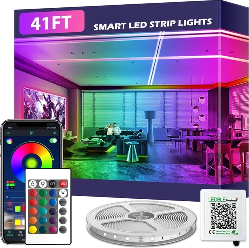 Vista 11 de Tira de luces LED inteligentes, con sincronización de música, 5050 RGB, luces que cambian de color, aplicación Bluetooth, control remoto por