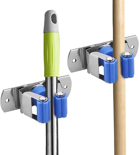 Vista 3 de Soporte para escobas de montaje en pared, soporte para trapeador montado en la pared, colgador de escoba de acero inoxidable, estante