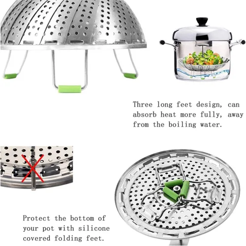 Vista 3 de Cesta de vapor, cesta de vapor vegetariana para cocinar de acero inoxidable plegable para verduras con mango central extraíble extensible extensible