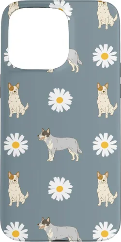 Vista 28 de Funda azul para iPhone 16 con diseño de perro Heeler y margarita azul polvoriento