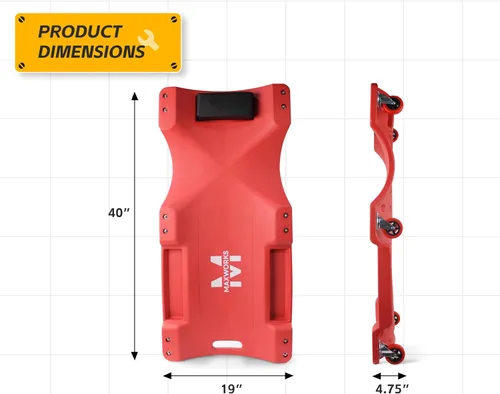 Vista 2 de MaxWorks 50874 carretilla de garaje con ruedas de plástico de 40 pulgadas con apoyacabezas acolchado y dos charolas para herramientas, 300 libras