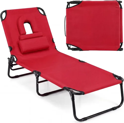 Vista 21 de Tangkula Sillón de playa, reclinable plegable para tomar el sol con agujero frontal, silla de bronceado boca abajo con respaldo ajustable de 4 Beige