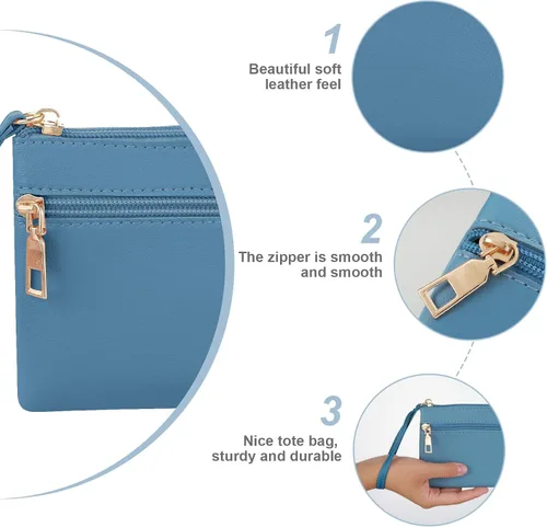 Vista 2 de TIESOME Bolso de mano para mujer, de cuero con doble cremallera, cartera de mano para teléfono, gran capacidad