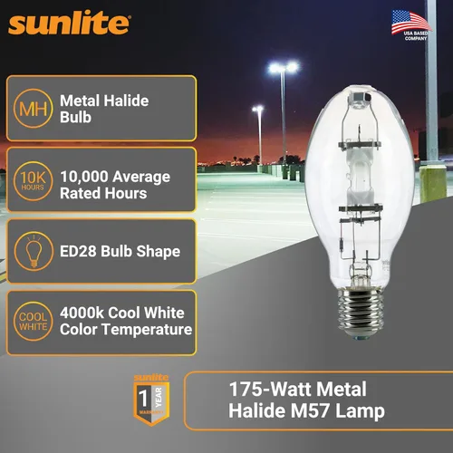 Vista 2 de Sunlite 03656 MH175/U/MOG M57 Lámpara de halogenuros metálicos, 175 vatios, base Mogul (E39), ED28, vida útil de 10,000 horas, 14000 lúmenes