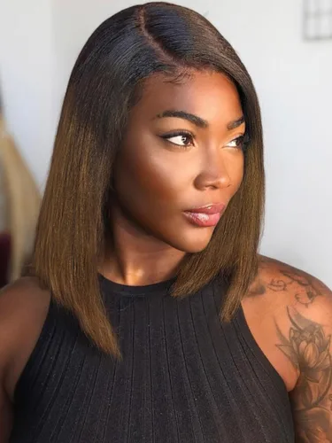 Vista 24 de KLAIYI Peluca de cabello humano con encaje frontal precortada 7x5, corte Bob en capas, corte romo, cordón sin pegamento, peluca predepilada