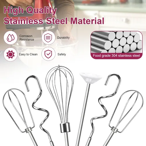 Vista 4 de Accesorios para batidoras de mano, batidor, ganchos de masa y varilla de mezcla de líquidos, accesorios de batidora de mano de acero inoxidable