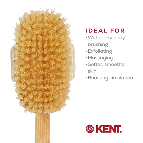 Vista 6 de Kent FD3 Cepillo exfoliante corporal de madera de haya de lujo con cerdas blancas 100% puras. Mango largo con cabeza desmontable, espalda
