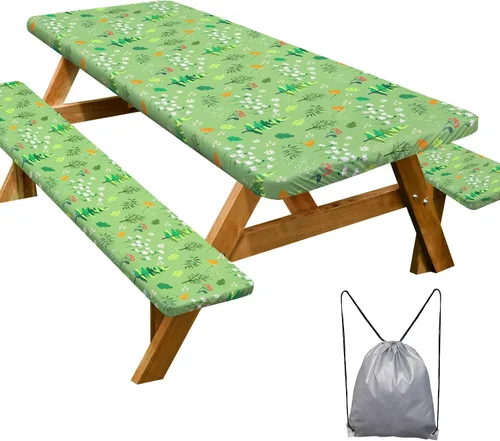 Vista 26 de Funda de mesa de picnic con fundas para bancos Esenciales de camping Mantel de picnic impermeable y a prueba de viento con bolsa de cordón, funda