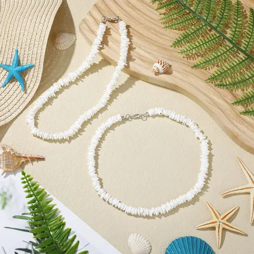 Vista 6 de Funtery 6 piezas de collar de concha de puka blanca, collar hawaiano de conchas marinas, collares de playa, collar de surfista con 6 cadenas