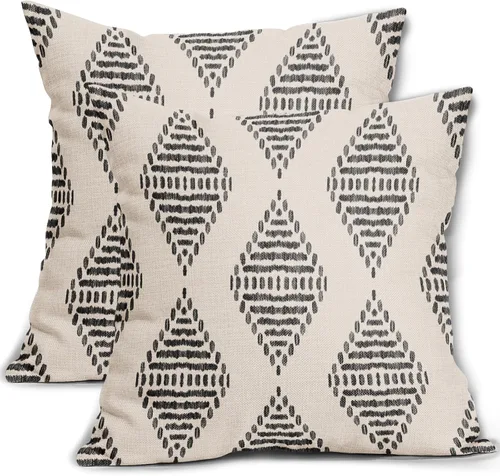 Vista 16 de Sweetshow - Juego de 2 fundas de almohada boho de 16x16 pulgadas, fundas de almohada étnicas bohemias negras con estampado geométrico de espiga