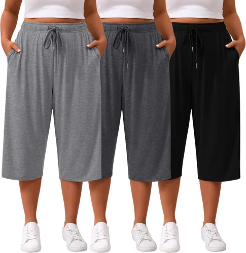 Vista 15 de Paquete de 3 pantalones capri de talla grande para mujer, ajuste holgado, pierna ancha, pantalones recortados para yoga, descanso, entrenamiento