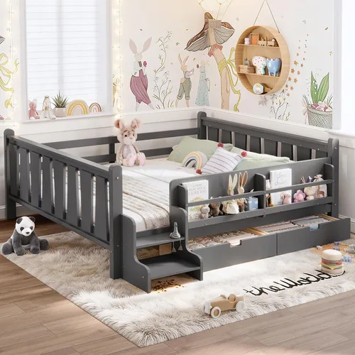 Vista 13 de Cama Montessori de tamaño matrimonial con estantería, cajones de Natural