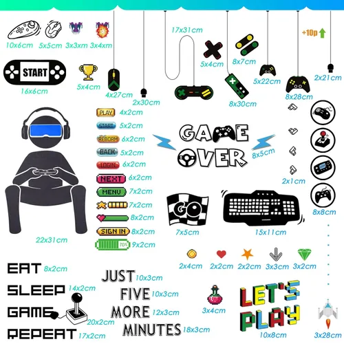 Vista 2 de 56 calcomanías de pared para jugadores, calcomanías de pared para control de juegos, joystick, calcomanías de pared extraíbles para videojuegos