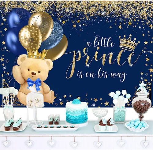 Vista 2 de Mocsicka Telón de fondo de oso con corona real para niños, baby shower, globo azul marino de oso real, un principito está en su camino, fondo