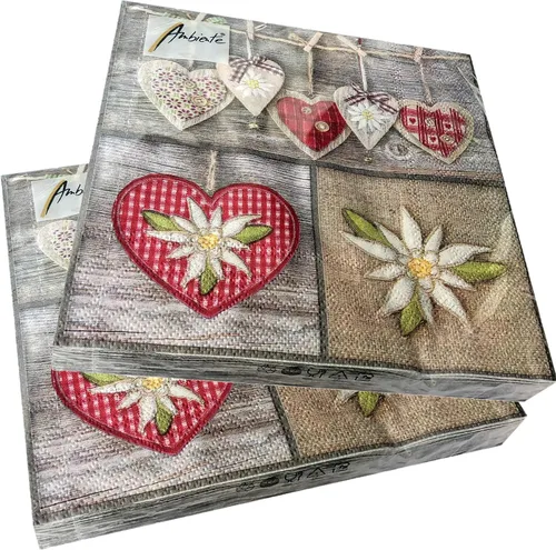 Vista 2 de 20 servilletas de corazón Edelweiss de 13 x 13 pulgadas, servilletas decorativas desechables, papel gris, marrón, rojo, blanco, verde, 3 capas