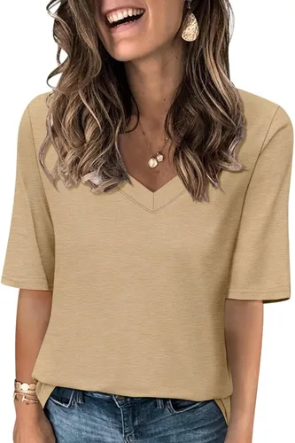 Vista 12 de Minetom Camisetas de verano básicas de media manga con cuello en V para mujer