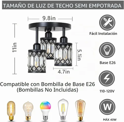 Vista 5 de PAUFUL Lámpara de Techo Semiempotrada, Lámparas de Techo Modernas de Cristal de 3 Luces Cerca del Techo, Lámparas de Cocina Negras con Pantalla