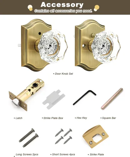 Vista 7 de Gobrico Juego de pomos de puerta de vidrio transparente para interiores, cerradura de puerta de cristal de diamante de privacidad en latón antiguo