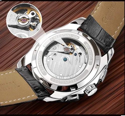Vista 4 de Swiss Brands - Reloj automático de acero inoxidable con correa de piel auténtica marrón para hombre
