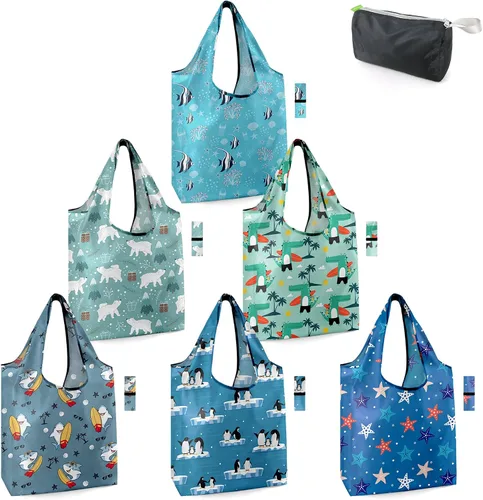 Vista 27 de BeeGreen Bolsas de comestibles reutilizables de Navidad con bolsa de almacenamiento con cremallera, paquete de 10 bolsas de compras reutilizables a
