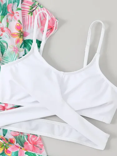 Vista 4 de OYOANGLE Traje de baño de 3 piezas con estampado tropical cruzado para niña con kimono