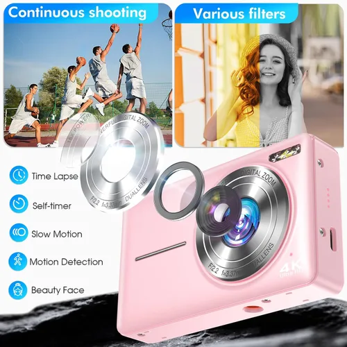 Vista 6 de 4K Digital Camera, 64MP Autofocus Vlogging Camera with Dual Lens, Pink Rosa