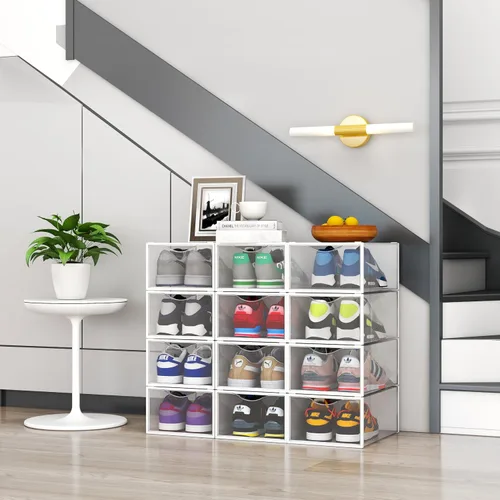 Vista 7 de Seseno Paquete de 12 cubos de almacenamiento de zapatos, organizador de zapatos apilable de plástico transparente para armario, zapatero plegable