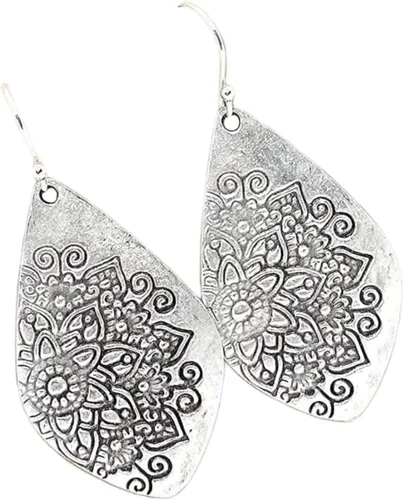 Vista 3 de Pendientes de plata de ley con diseño de lágrimas desgastadas con sello floral, hechos a mano, para mujer