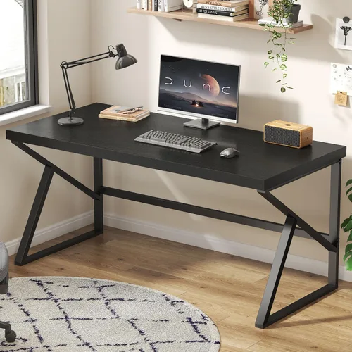 Vista 9 de HSH Escritorio para oficina en casa, escritorio industrial de metal y madera para computadora para PC, portátil, trabajo, escritura, estudio