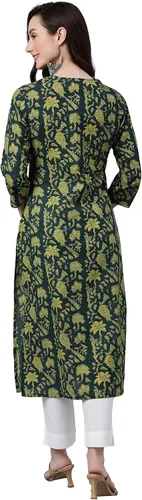 Vista 7 de Janasya Kurta recta de algodón verde oscuro para mujer india