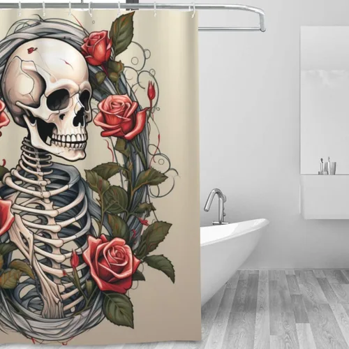 Vista 2 de YLATY3445 - Cortina de ducha de calavera para baño, divertido juego de cortina de ducha hippie con flores rojas y esqueleto, pintura al óleo, tela
