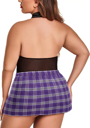 Vista 5 de Avidlove Conjunto de lencería de talla grande para mujer, trajes sexys para juegos de rol, disfraz de cosplay, lencería escolar con falda a cuadros