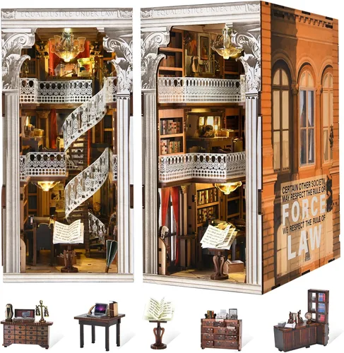Vista 13 de MiniCity Kit de rincón de libros de bricolaje, escena de madera en miniatura 3D con luces LED, cubierta de polvo y herramientas para decoración
