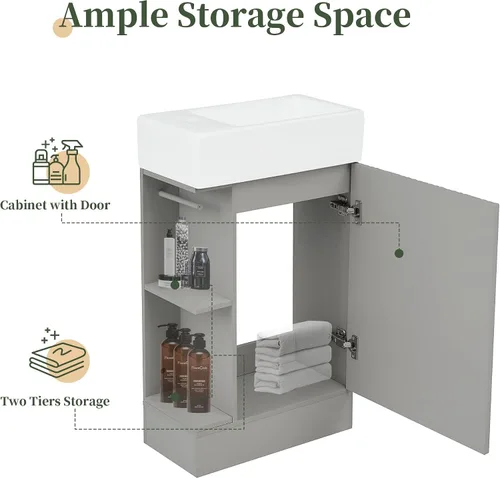 Vista 4 de LUMISOL Tocador de baño pequeño de 18.6 pulgadas con fregadero de cerámica, tocador estrecho con soporte para papel higiénico y puerta de cierre Gris