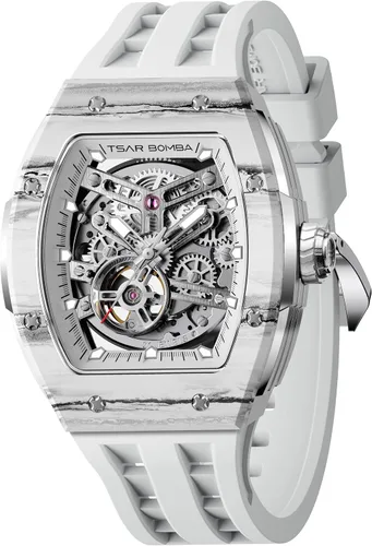 Vista 18 de Tsar Bomba Men's Automatic Watch Tonneau Luxury Skeleton Watch for Men Mechanical 50M Waterproof Wristwatch Gift for Men 08tc-whi