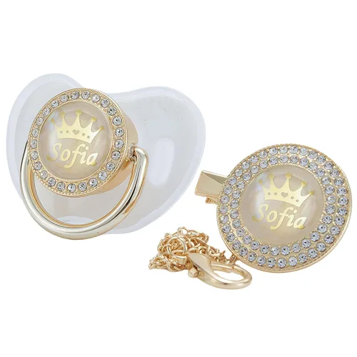 Vista 23 de Juego de Chupete y Clip Personalizado con Cualquier Nombre, Bling Oro Plata, 18 Colores, Libre de BPA, Diseño Único Lujoso, Chupete Ideal para Bebé