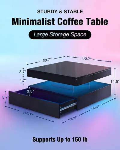 Vista 2 de FKWin Mesas de centro negras para sala de estar, mesa de centro LED con luces, moderna mesa de centro negra con superficie de alto brillo, mesa
